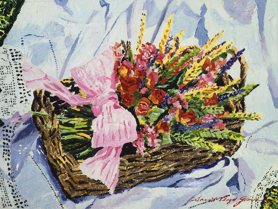 Dried Rose Basket On Lace Painting by David Lloyd Glover