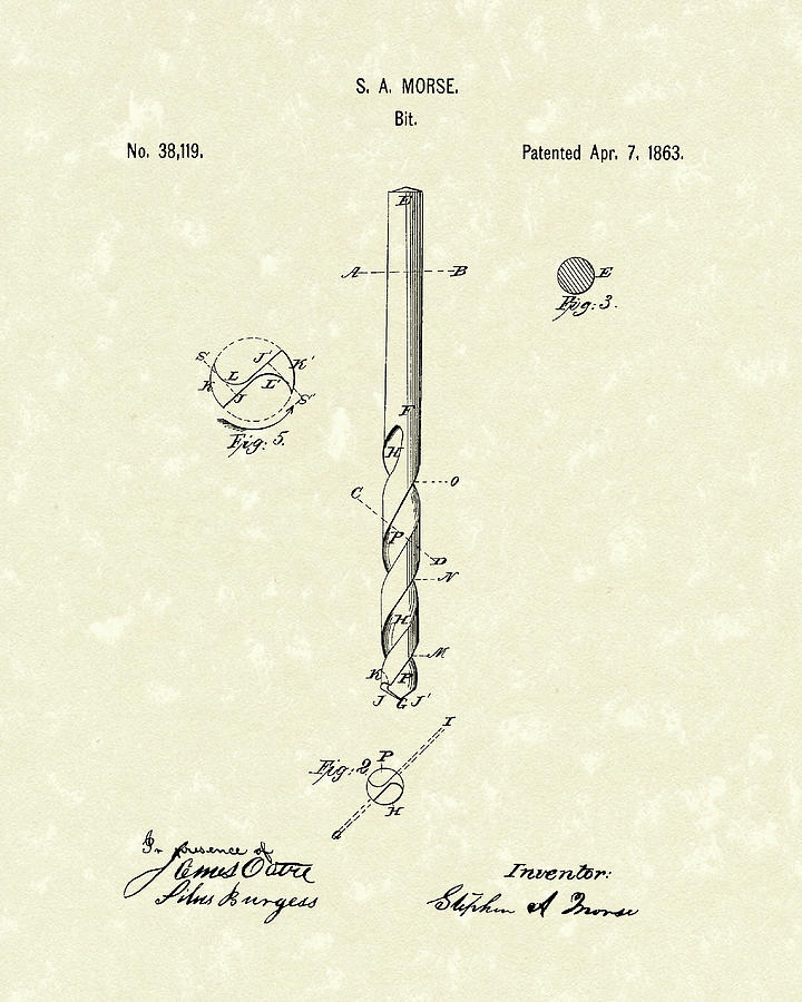 Tool Drawing - Drill Bit Morse 1863 Patent Art by Prior Art Design