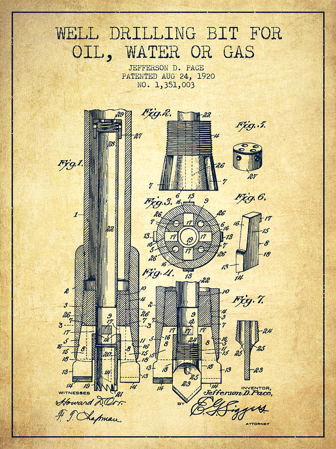 Vintage Digital Art - Drilling Bit for Oil Water Gas Patent From 1920 - Vintage by Aged Pixel