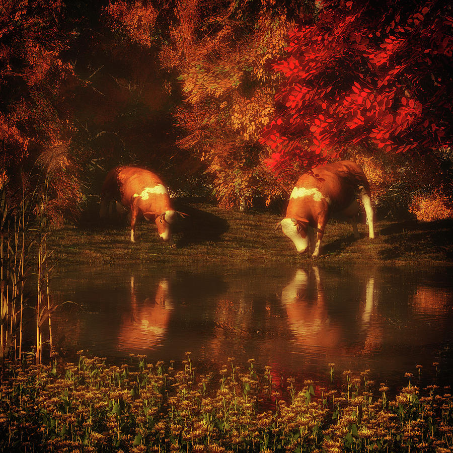 Drinking cows in the forest Digital Art by Jan Keteleer