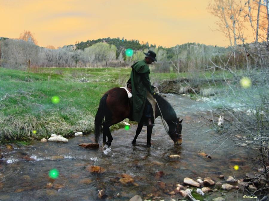 Drinking In The River Horseman Lit By Fireflies Photograph by Anastasia Savage Ealy