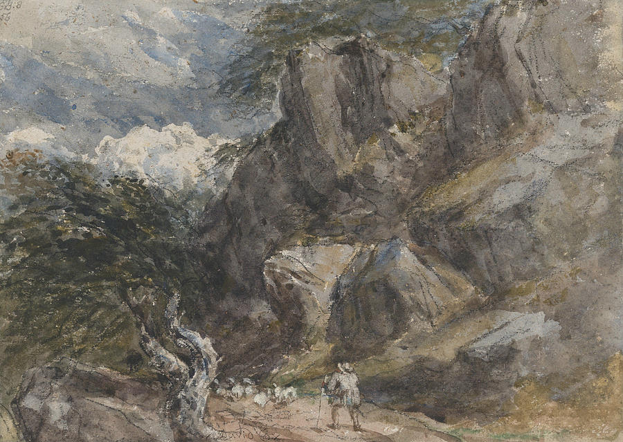 Driving Sheep in a Rocky Landscape Drawing by David Cox