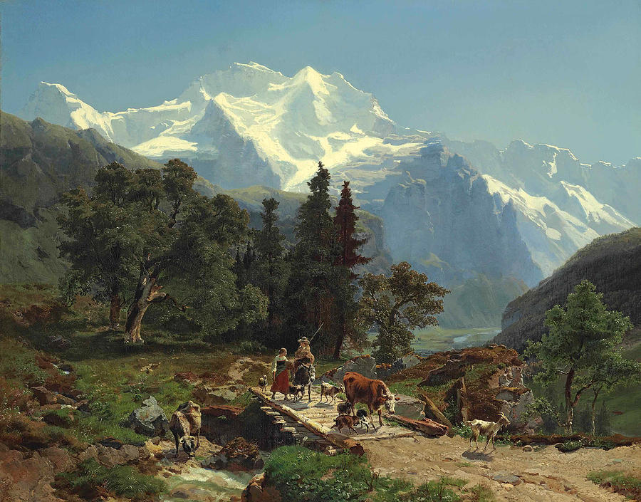 Drovers on a Bridge in an Alpine Landscape  Painting by Carl Schweich