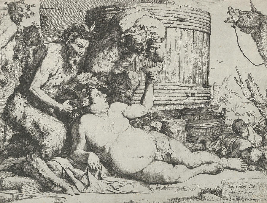 Drunken Silenus holding a cup aloft into which a Satyr pours wine Relief by Jusepe de Ribera
