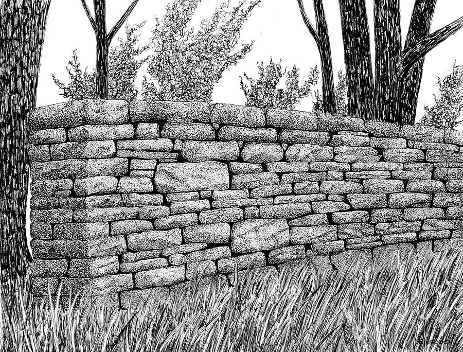 Dry stone wall Drawing by Ed Einboden.