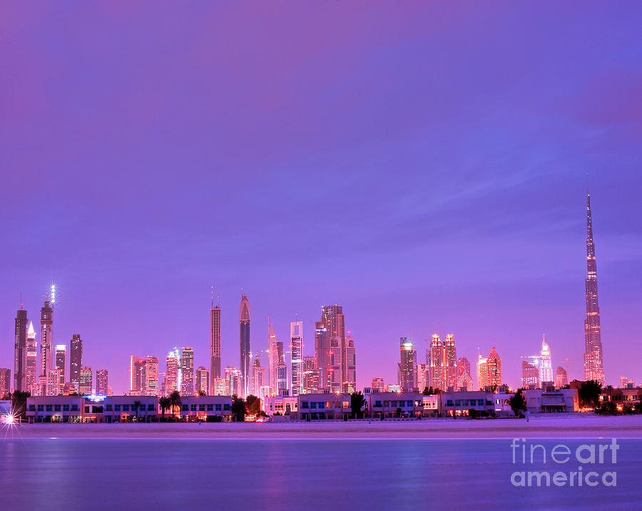 Dubai City Skyline From Emirates Towers To Burj Kalifa Aka Burj Dubai From Jumeirah Beach At Night Photograph