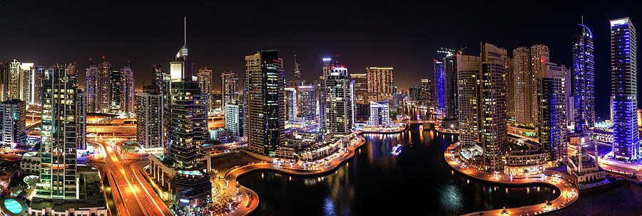 Dubai Marina at night panorama Photograph by Alexey Stiop