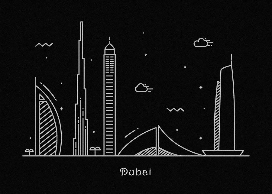 Black And White Drawing - Dubai Skyline Travel Poster by Inspirowl Design