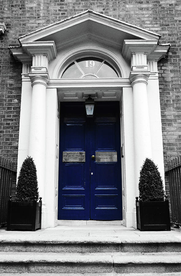 Dublin Doors Ireland Georgian Style Blue with Roman Columns Color Splash Black and White Photograph by Shawn OBrien