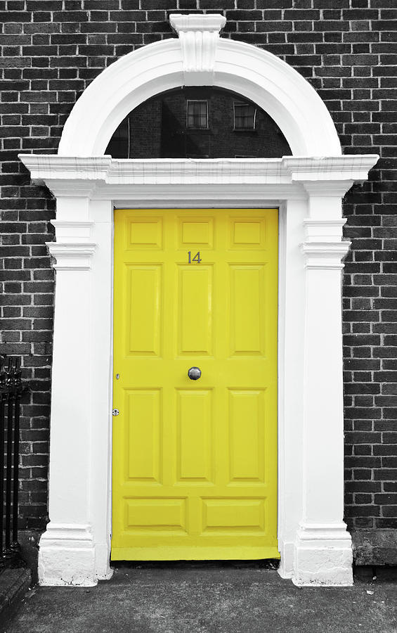 Dublin Doors Ireland Vibrant Yellow Georgian Style with Columns Color Splash Black and White Photograph by Shawn OBrien