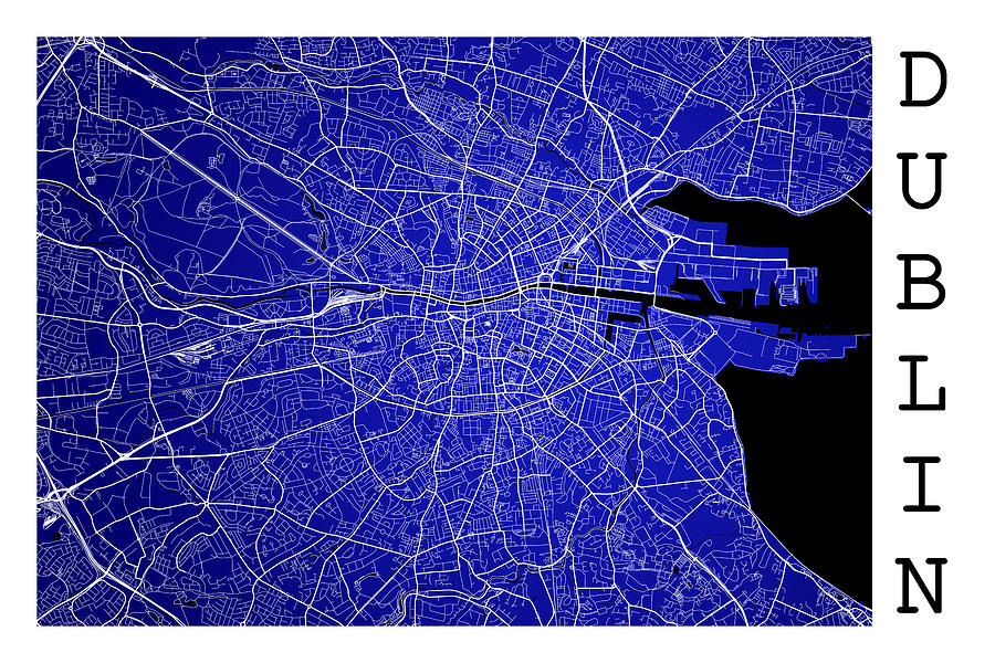 Dublin Street Map - Dublin Ireland Road Map Art on Blue Backg Digital ...