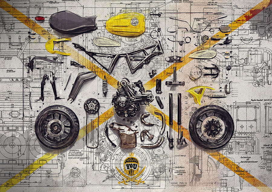 Vintage Digital Art - Ducati Scrambler Components by Yurdaer Bes