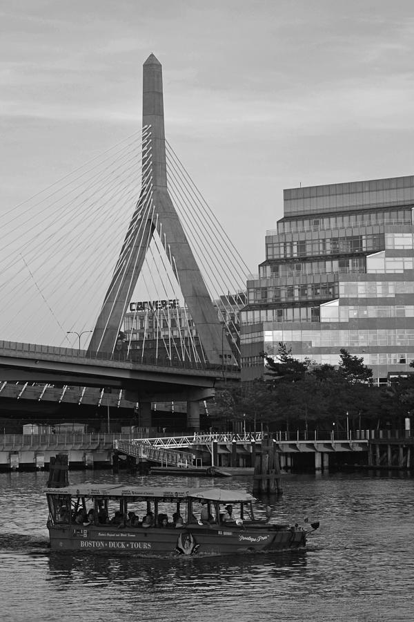 Duck Boat in front the Lenny Zakim Bridge Boston MA Black and White Photograph by Toby McGuire