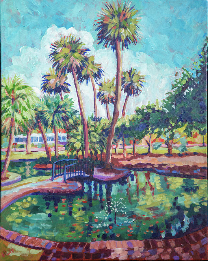 Duck Pond with PalmsLake Eola, pond, fountain, water, palm tree, landscape, city beatuiful, Orlando, Painting by Heather Nagy