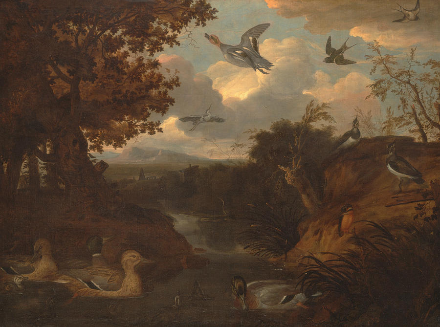Francis Barlow Painting - Ducks and Other Birds about a Stream in an Italianate Landscape by Francis Barlow