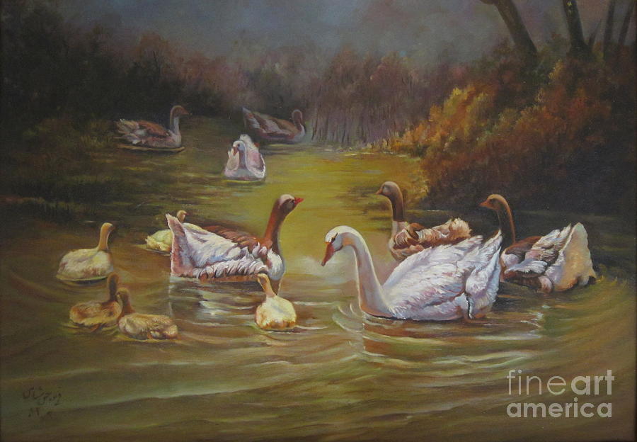 Impressionism Painting - Flock of Ducks in a Lagoon by Farideh Haghshenas