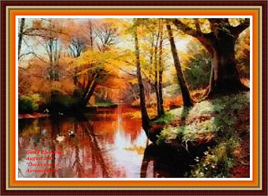 Ducks On An Autumn River L A With Decorative Ornate Printed Frame. Painting