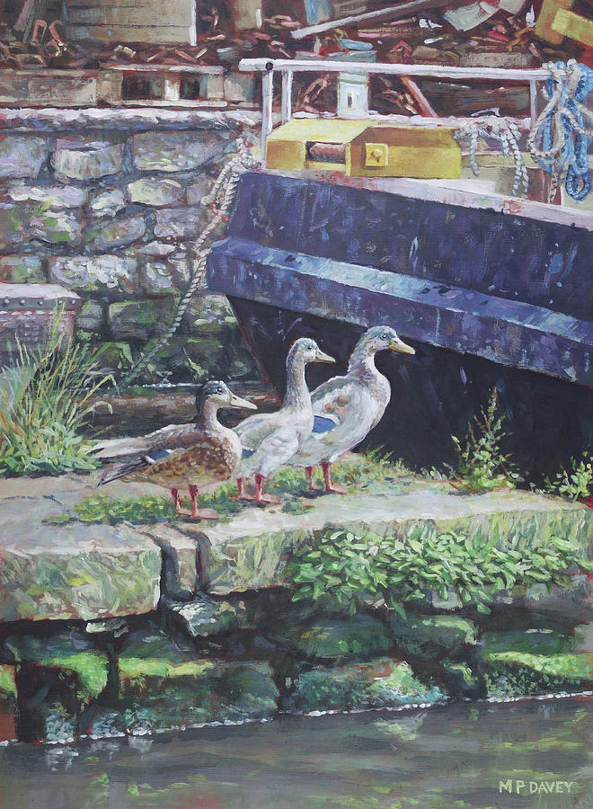 Bird Painting - Ducks on dockside by Martin Davey