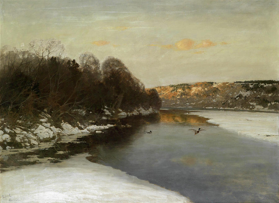 Ducks on frozen river Painting by August Fink