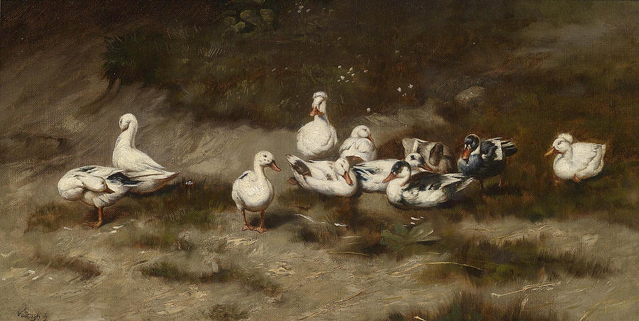 Ducks on the Bank of a Stream Painting by Geza Vastagh