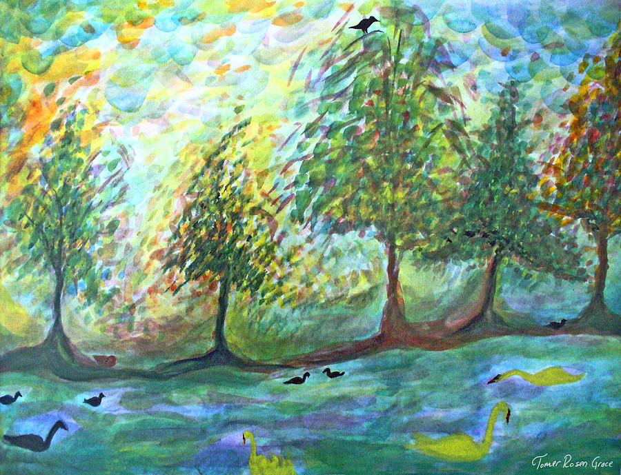 Nature Painting - Ducks on the River Aare by Tomer Rosen Grace