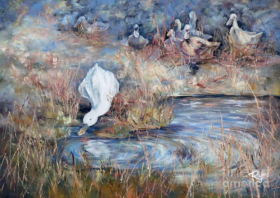 Ducks. Split opposite colour harmony.  Painting by Ryn Shell