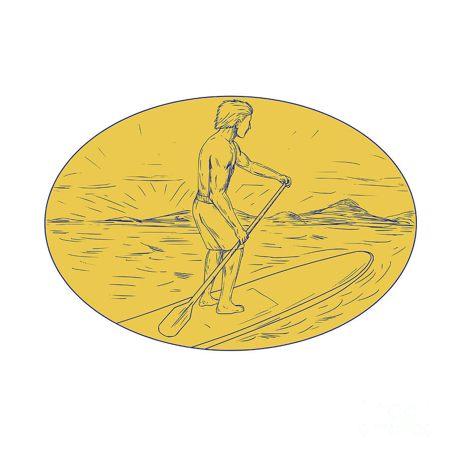 Sunset Digital Art - Dude Stand Up Paddle Board Oval Drawing by Aloysius Patrimonio