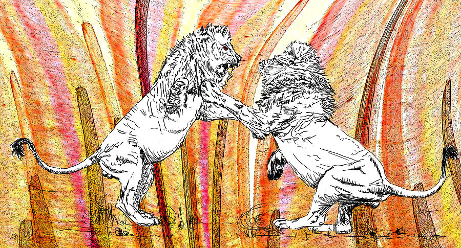 Dueling Lions Painting By Law Rider 