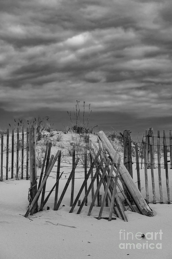 Dune Fence and Cloudy Skies Photograph by Debra Fedchin