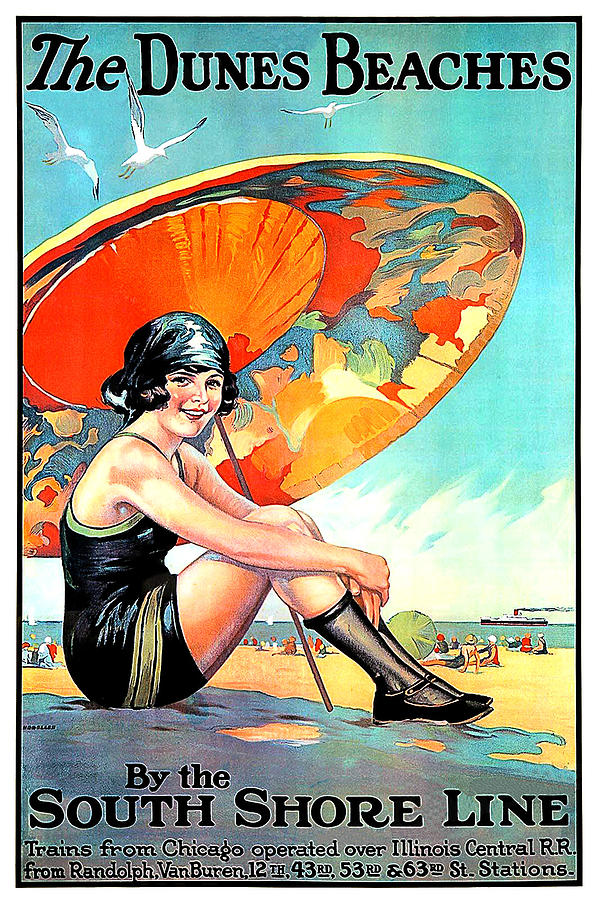 Vintage Painting - Dunes beaches, young woman in swimsuit by Long Shot