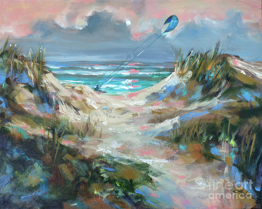 Dunes with Kite Surfer Painting by Linda Olsen