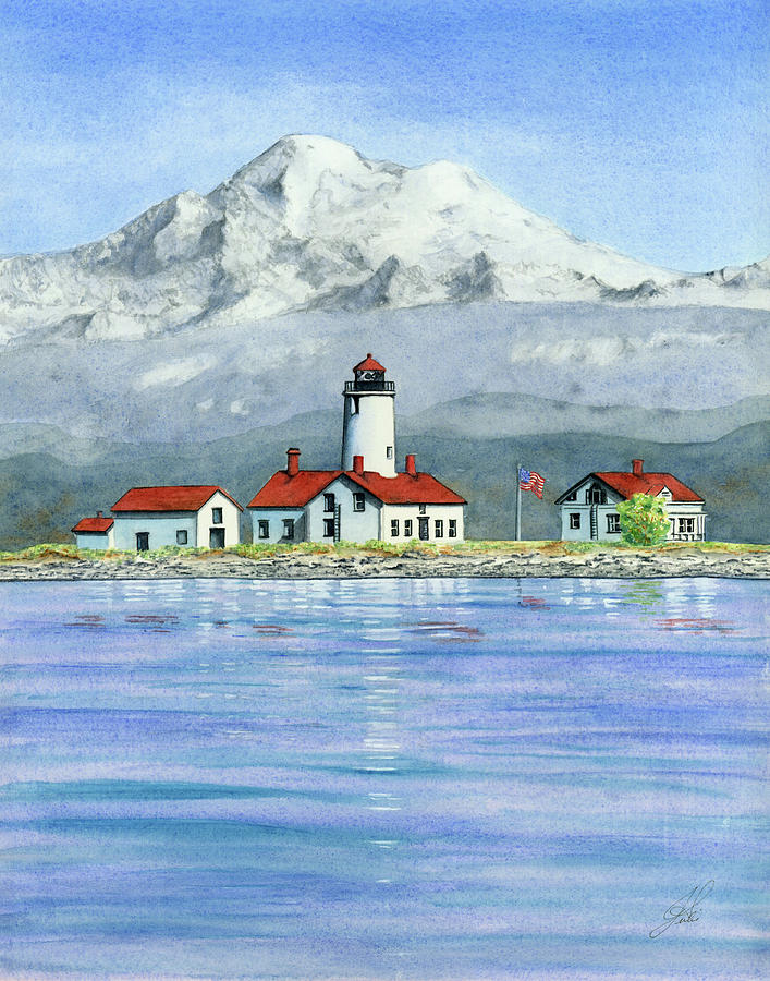 Dungeness Lighthouse with Mount Baker Painting by Julie Senf
