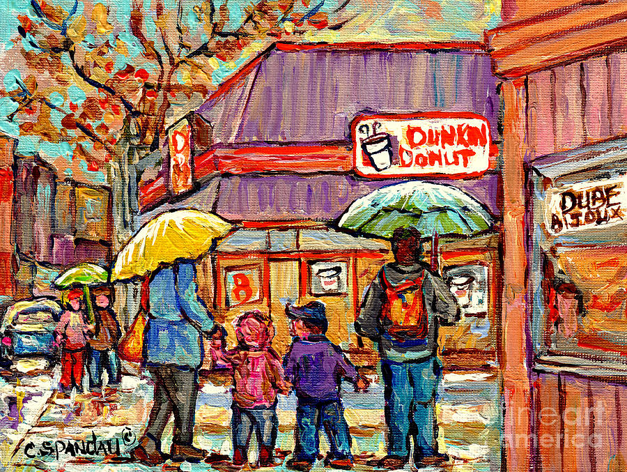 Dunkin Donut Wellington Street Verdun Rainy Day Family Stroll Montreal Painting C Spandau City Scene Painting by Carole Spandau