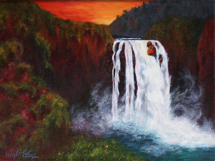 Sunset Painting - Dusk at Snoqualmie Falls by Wendi Curtis
