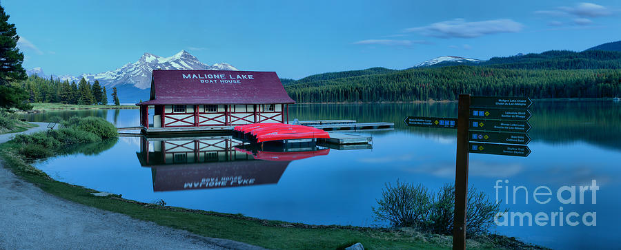 Dusk At The Maligne Lake Boathouse Photograph by Adam Jewell