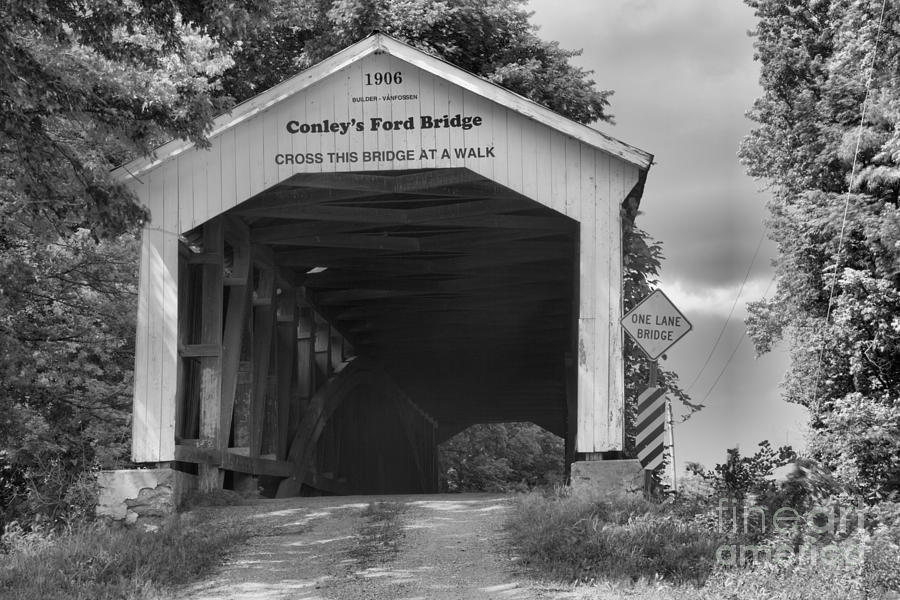 Dusty Cay At Conleys Ford Covered Bridge Black And White Photograph by Adam Jewell