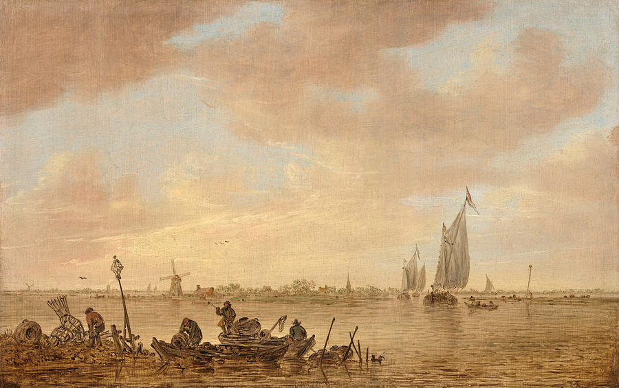 Sunset Painting - Dutch seascape with fishings boats by Celestial Images