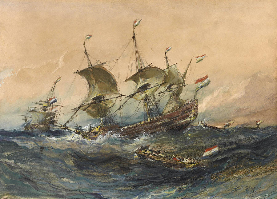 Dutch Ships in a Storm Drawing by Eugene Isabey