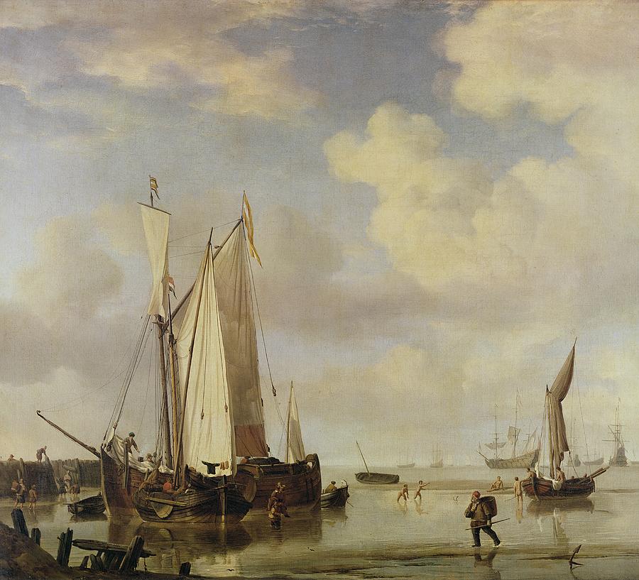 Boat Painting - Dutch Vessels Inshore and Men Bathing by Willem van de Velde