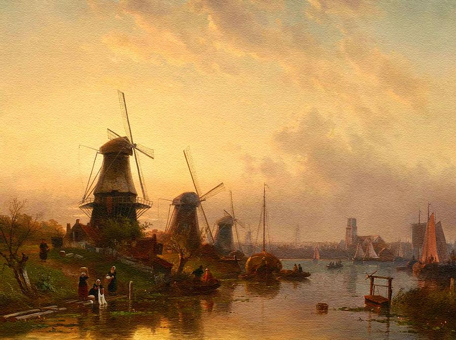 Dutch Windmills Near Rotterdam L B Painting By Gert J Rheeders   Dutch Windmills Near Rotterdam L B Gert J Rheeders 