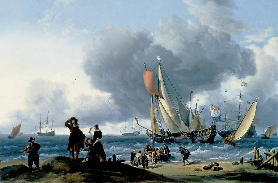 Ludolf Backhuysen Painting - Dutchman Embarking onto a Yacht by Ludolf Bakhuizen