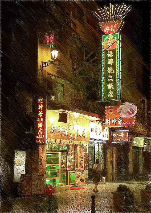 Macao Street At Night - DWP2458632 Drawing by Dean Wittle