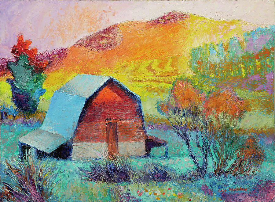 Tree Painting - Dyeleaf Mountain Barn Sunrise by Lisa Blackshear