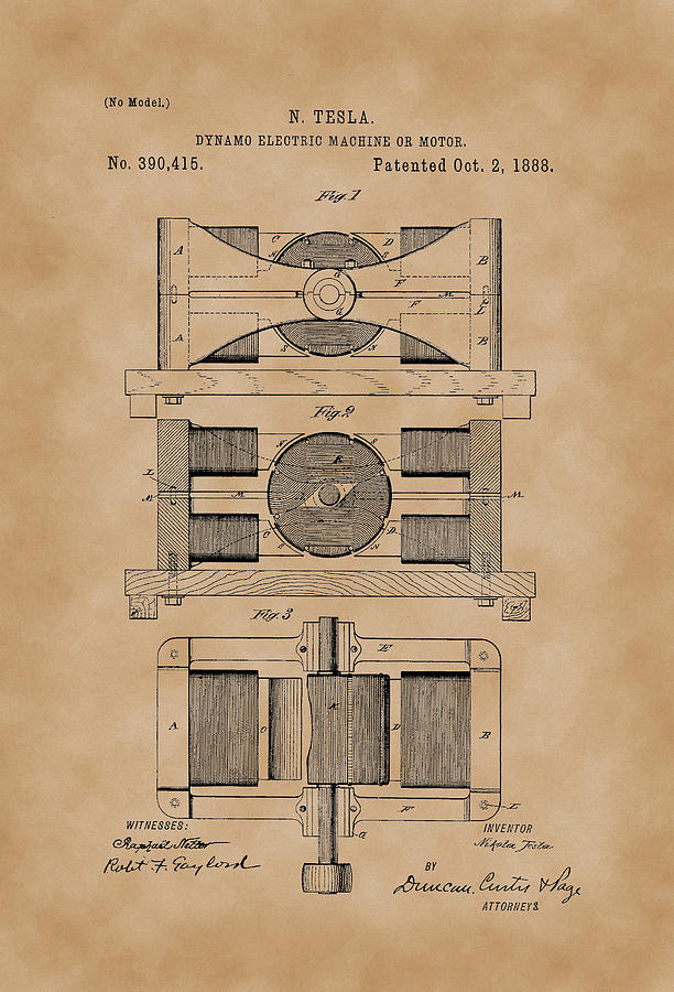 Dynamo Electric Machine or Motor - Nikola Tesla Patent Drawing from ...