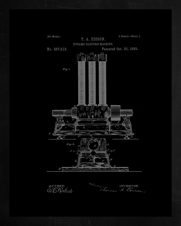 Dynamo Electric Machine Patent Drawing 1h Mixed Media by Brian Reaves