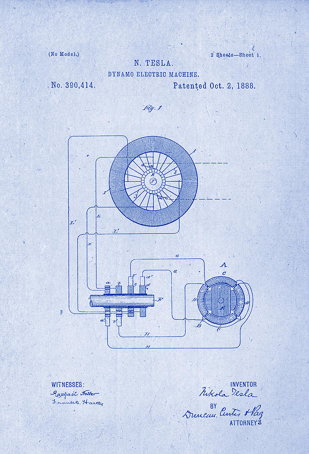 Dynamo Electric Machine - Tesla Patent Drawing from 1888 - Blueprint ...