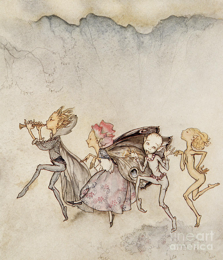 Each one, tripping on his toe, will be here with mop and mow Drawing by Arthur Rackham