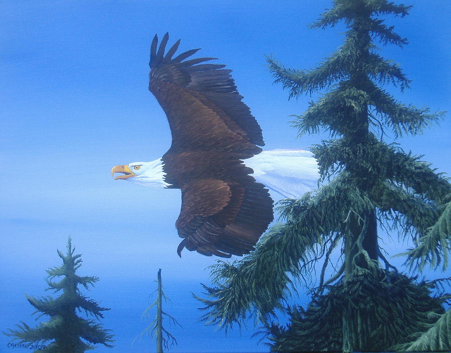 Eagle At Treetop Level Painting by Michael Allen