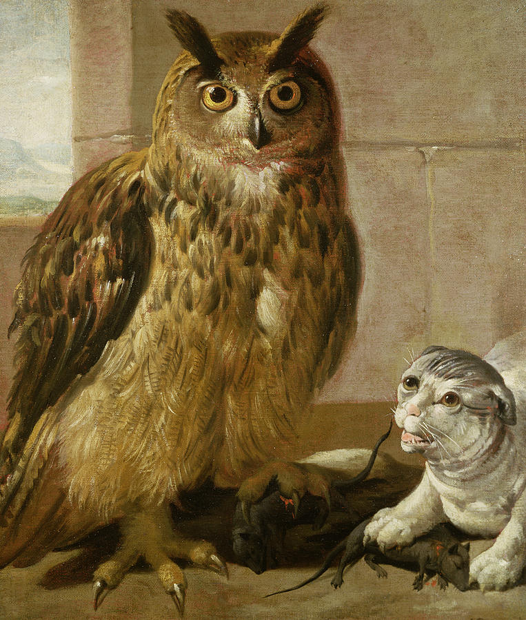 Owl Painting - Eagle Owl and Cat with Dead Rats by Johann Heinrich Roos