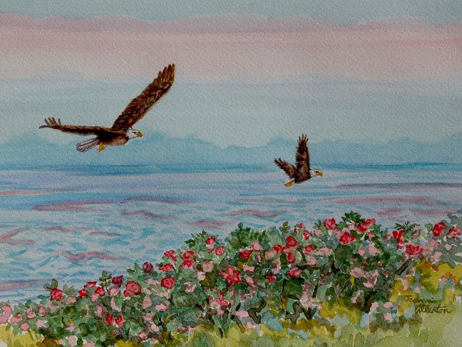 Eagles Fly over the Bay Painting by Jeannie Allerton